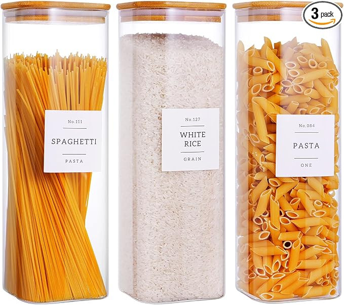CZZGSM 3 Pack Square Kitchen Storage Jars with Airtight Bamboo Lids and 132 Pantry Labels - 80oz ... | Amazon (US)