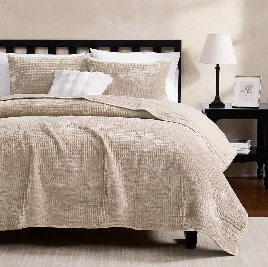 WDCOZY Velvet King Size Quilt Set - Beige Striped Pick Stitch Soft Lightweight Bedspread, Neutral... | Amazon (US)