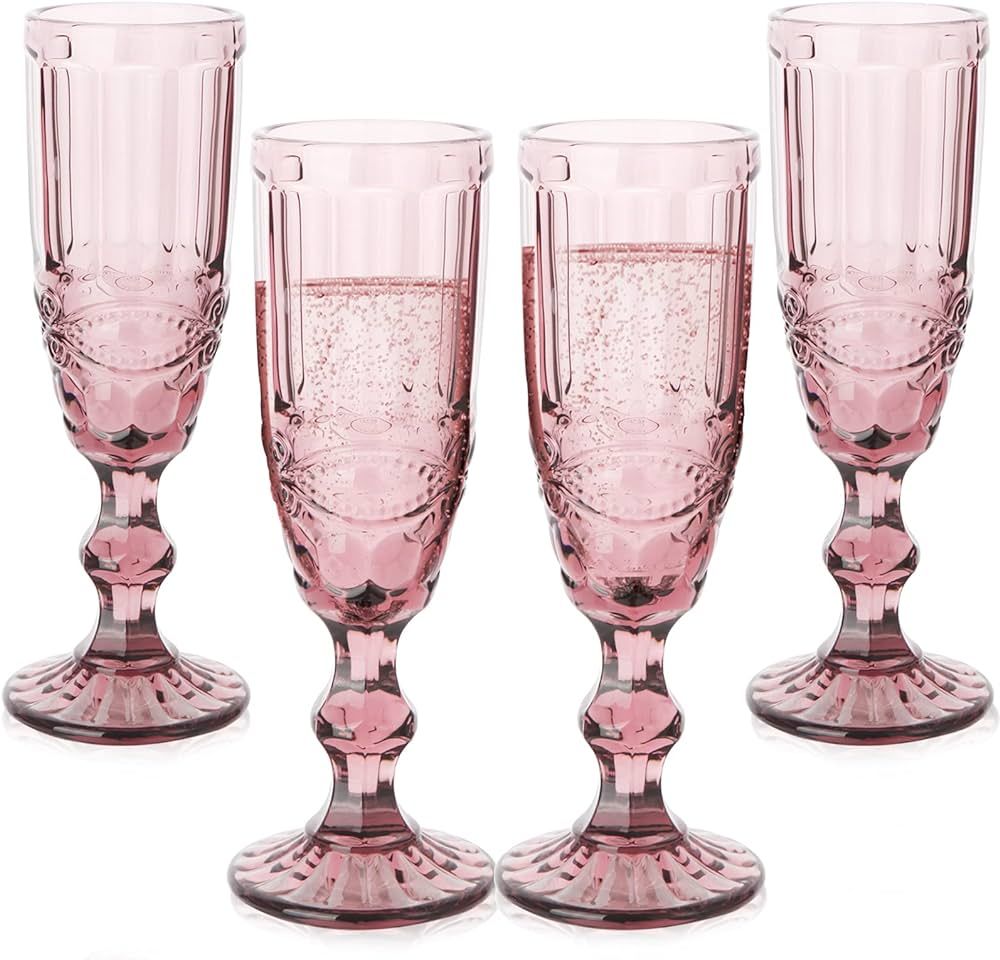 Taganov Pink Champagne Flutes set of 4 Vintage Champagne Glasses 5 oz Colored Goblets for Wedding... | Amazon (US)