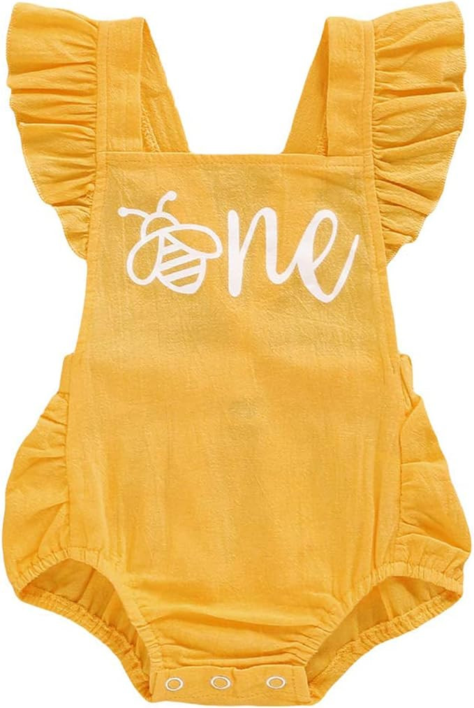 Baby Girls First Birthday Outfits Ruffle 1st Birthday Romper Backless Bodysuit Cake Smash Outfits | Amazon (US)