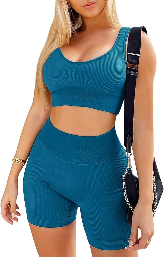 OLCHEE Women’s Sexy 2 Piece Workout Sets - Seamless Ribbed Legging Shorts and Sports Bra Yoga A... | Amazon (US)