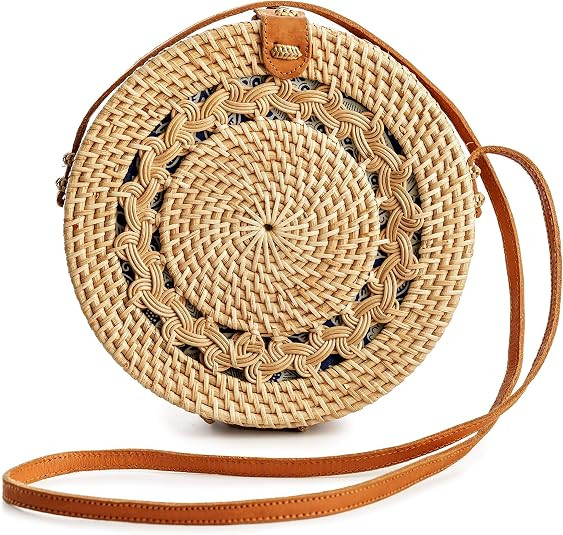 Round Rattan Bag for Women - Handmade Rattan Straw Bags - Wicker Purse - Boho Bag - Round Rattan ... | Amazon (US)