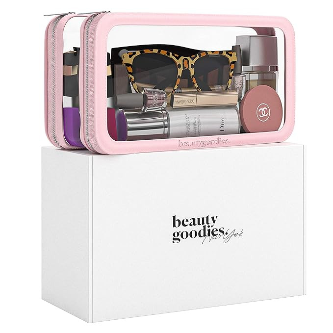 Makeup Bag with Brush Organizer - Dual-Side, Saffiano Leather Cosmetic Organizer with Clear TSA C... | Amazon (US)