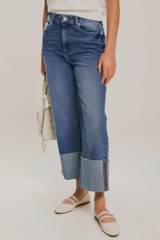 Lesore Womens High Waist Wash Denim Wide Leg Straight Leg Jeans Pants with Cuffed Hem | Amazon (US)