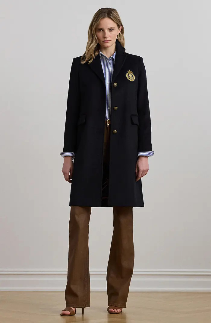 Lauren Ralph Lauren Crest Patch Wool Blend Reefer Coat | Nordstrom | Nordstrom