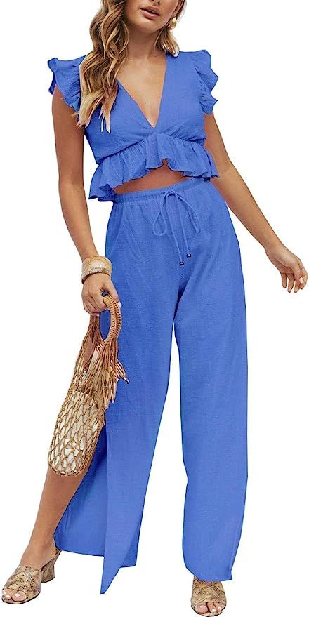 FANCYINN Womens 2 Pieces Outfits Deep V Neck Crop Top Side Slit Drawstring Wide Leg Pants Set Jum... | Amazon (US)