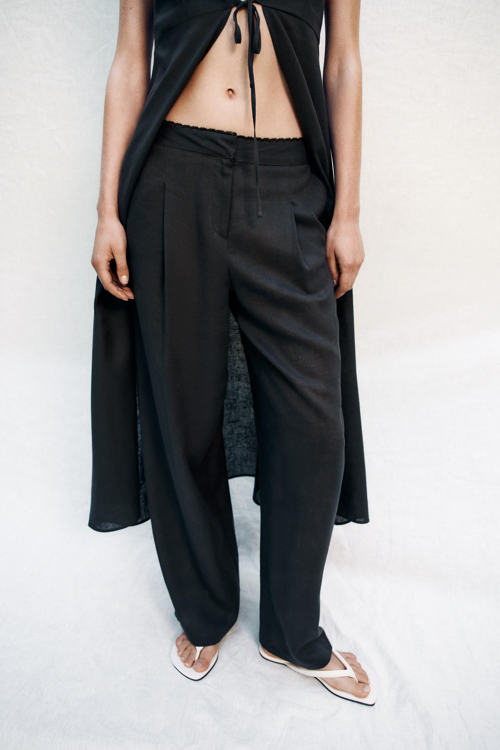 STRAIGHT LEG LINEN PANTS WITH LACE TRIM | Zara US