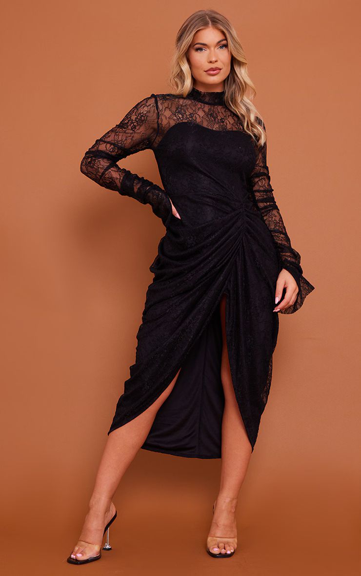 Black Lace High Neck Long Sleeve Draped Midi Dress | PrettyLittleThing IE
