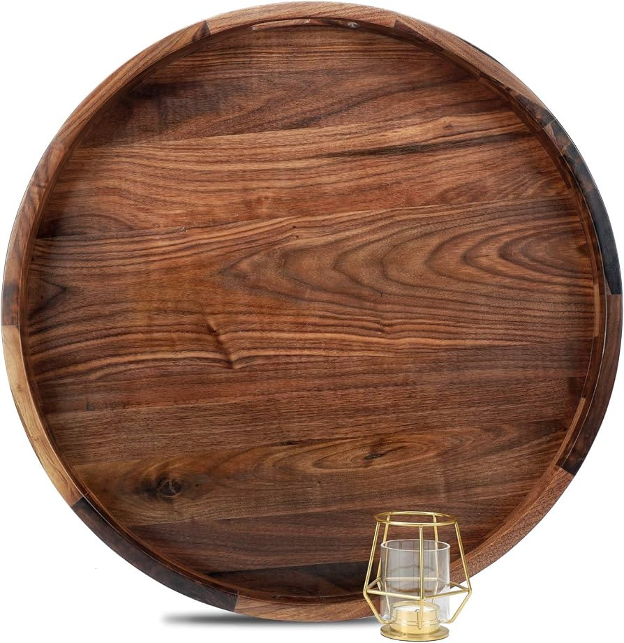 MAGIGO 22 Inches Extra Large Round Black Walnut Wood Ottoman Tray with Handles, Serve Tea, Coffee... | Amazon (US)