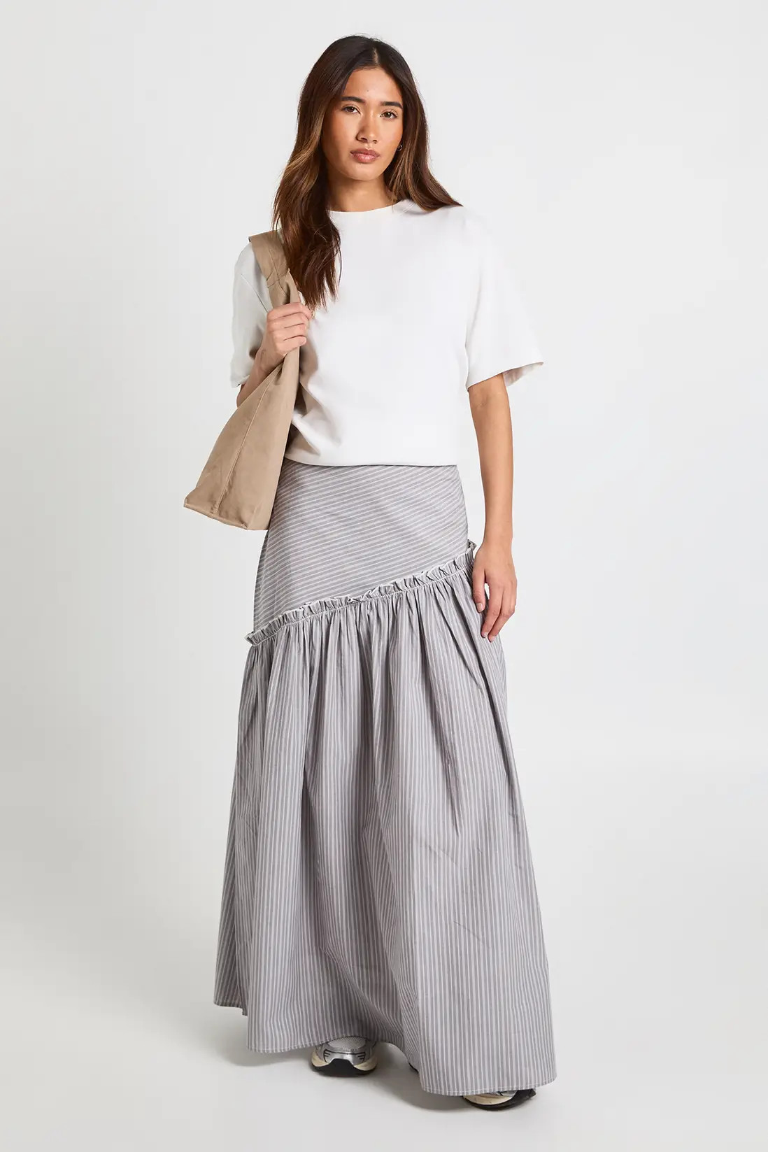 Grey Stripe Poplin Asymmetric Maxi Skirt | Boohoo | Boohoo.com (UK & IE)