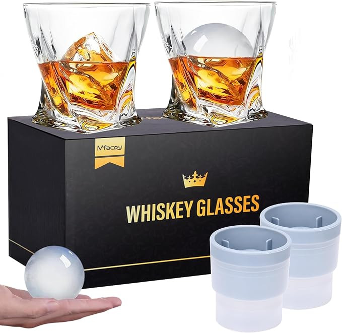 Mfacoy Old Fashioned Whiskey Glasses Set of 4 (2 Crystal Bourbon Glasses, 2 Round Big Ice Ball Mo... | Amazon (US)