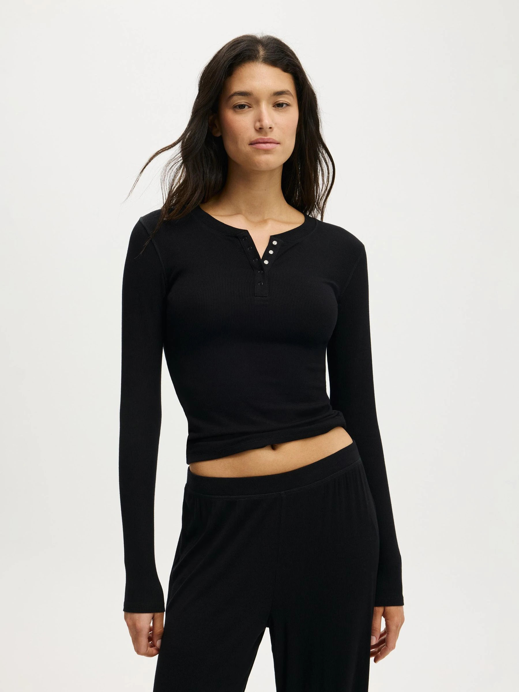 Cotton On Cotton On Black Sleep Recovery Henley Long Sleeve Pyjama Top | Next US