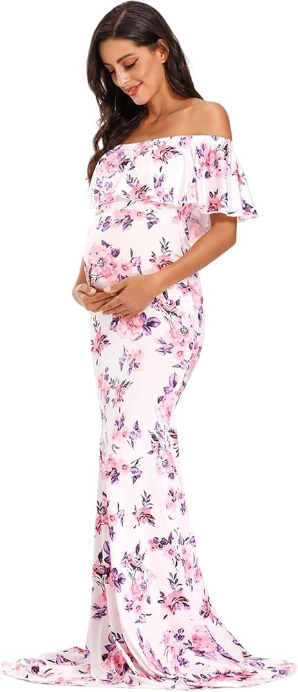 Glampunch Womens Off Shoulder Maternity Dress Ruffles Elegant Slim Gowns Fit Maxi Photography Dre... | Amazon (US)