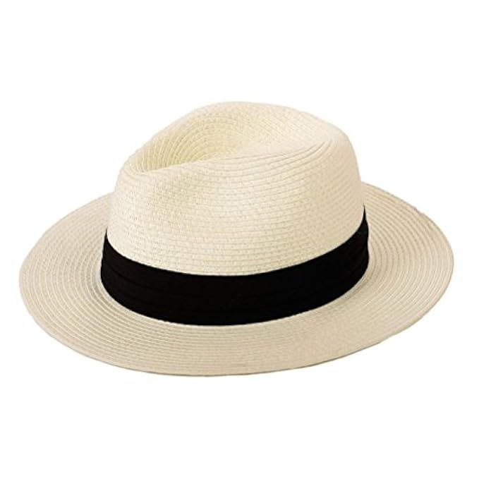 Panama Straw Hat,Womens Sun Hat Wide Brim Floppy Foldable Fedora Summer Beach Caps | Amazon (US)