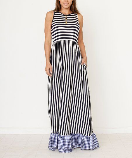 Navy Stripe Ruffle-Hem Sleeveless Maxi Dress - Women & Plus | Zulily