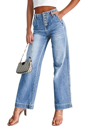 Sidefeel Women's Wide Leg Jeans High Waisted Button Fly Straight Leg Denim Pants Iceland Blue Size 14 | Amazon (US)