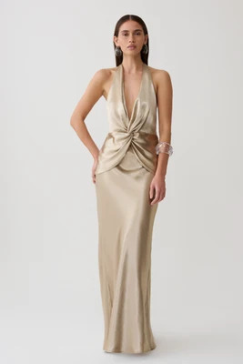 Peyton V Neck Satin Maxi Dress - Gold | MESHKI US