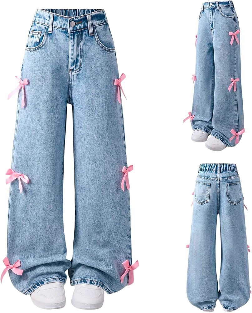 Girls Jeans Baggy Teens Kids Cute High Waisted Embroidered Denim Pants With Pockets Preppy Tween ... | Amazon (US)
