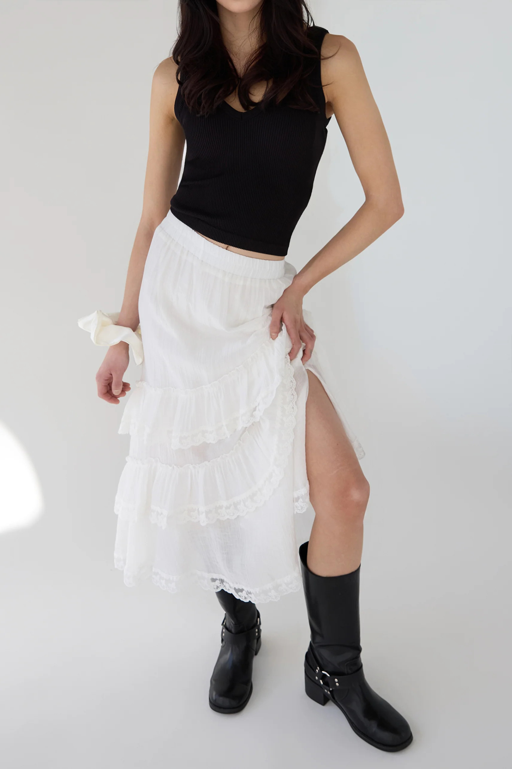 LACE TIERED MAXI SKIRT White / Small | OAK + FORT