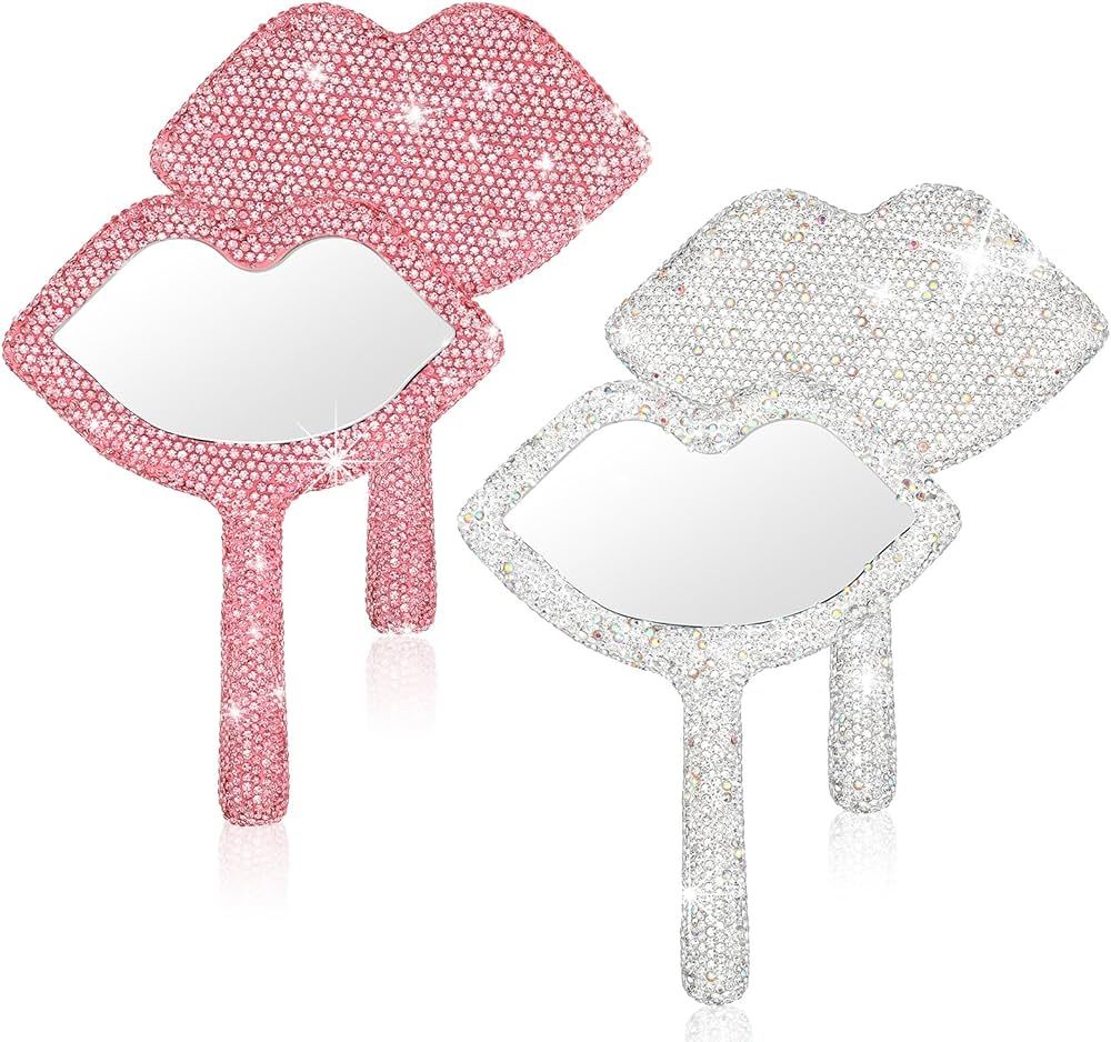 Tatuo 2 Pcs Rhinestone Handheld Mirror Pink Mirror Adorable Bling Glitter Cosmetic Heart Lip Dazz... | Amazon (US)