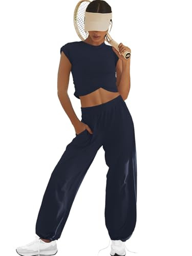 LAMISSCHE Womens Loungewear Set 2 Piece Outfits Sets Cropped Tops and Wide Leg Pants with Pockets Tracksuit(Navy,L) | Amazon (US)