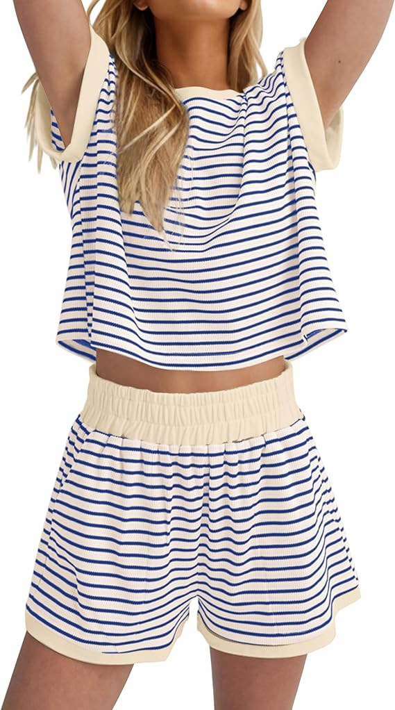 Women Summer 2 Piece Lounge Sets Striped Short Sleeve Tee Shirts Mini Shorts Loungewear Shorts Se... | Amazon (US)