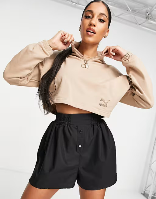 Puma half zip crew sweat top in light brown | ASOS (Global)