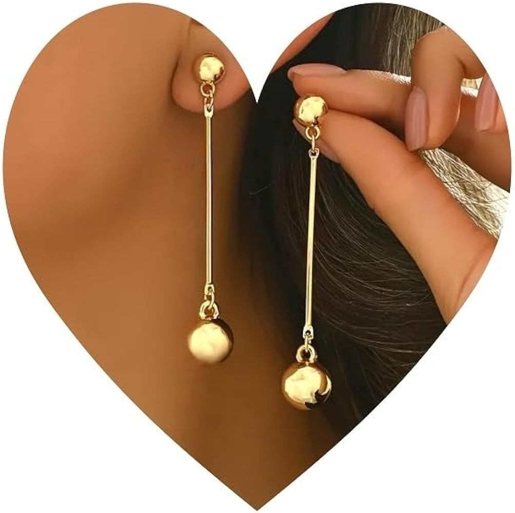 Elegant Gold Drop Ball Dangle Earrings, Long Bar Spherical Pendant Design, Fashion Statement Jewe... | Amazon (US)