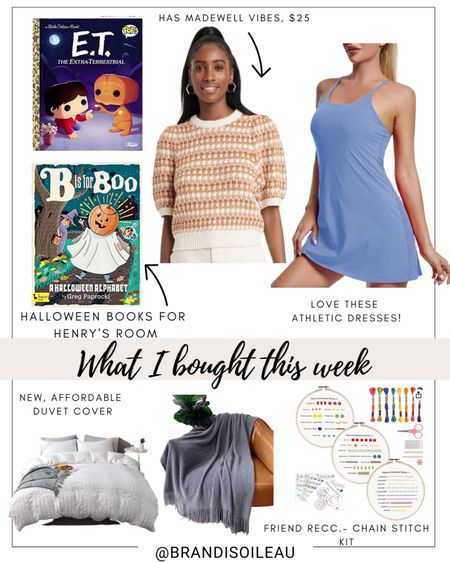 What I bought this week. Athletic dress, size medium, fun, fall transition sweater for $25, Halloween kids books, affordable duvet cover, gray throw blanket, chain stitch embroidery kit

Fall outfits, fall decor, Halloween

#LTKsalealert #LTKSeasonal #LTKunder50