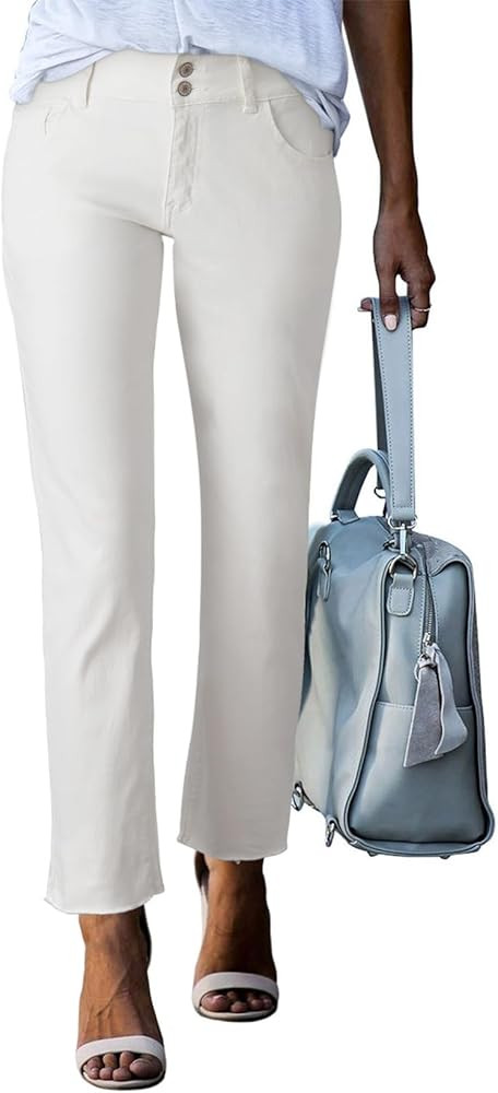 Sidefeel Women's High Waisted Jeans Strechy Spring Fashion Raw Hem Straight Leg Zimbaplatinum Ank... | Amazon (US)