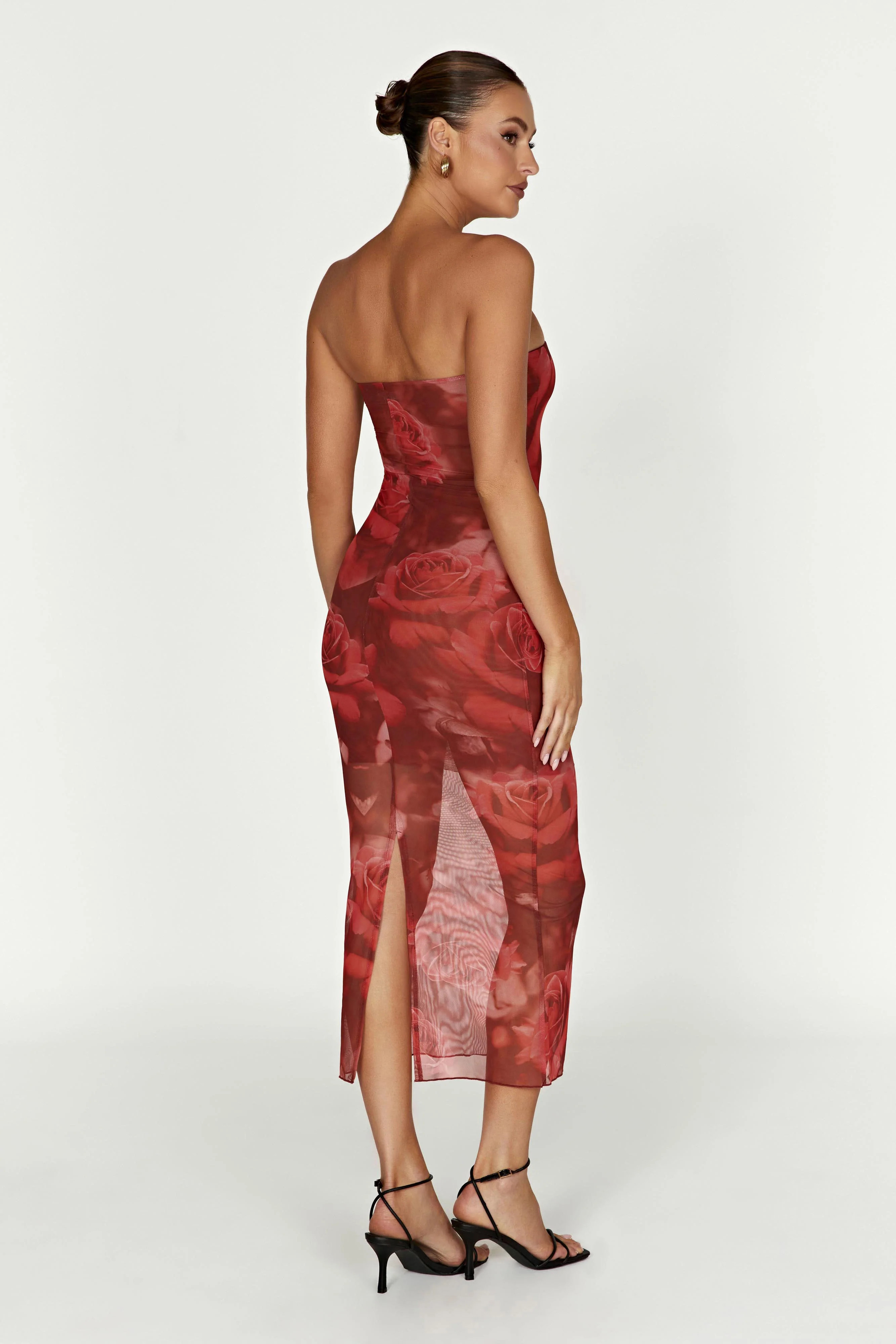 Aphrodite Strapless Mesh Dress - Oversized Rose Print | MESHKI US