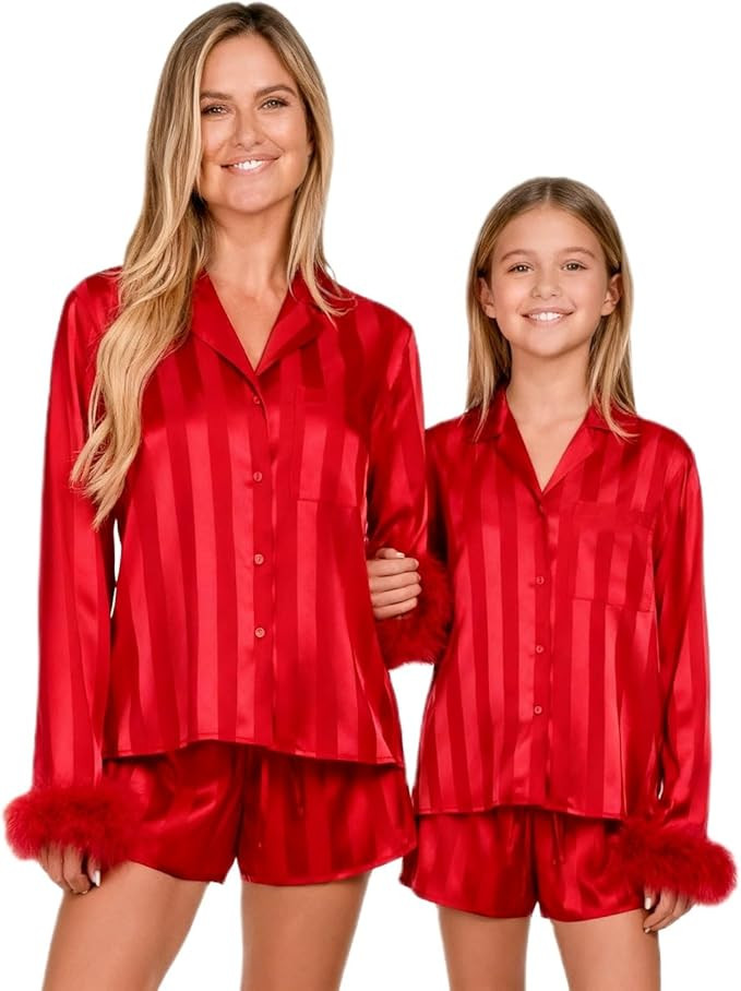 Seyurigaoka Mommy and Me Valentines Pajamas Shorts Set 2 Piece Satin Silk Matching Pjs for Mom Da... | Amazon (US)