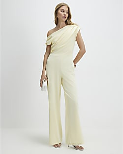 Yellow Short Sleeve Asymmetric Drape Jumpsuit | River Island UK & IE