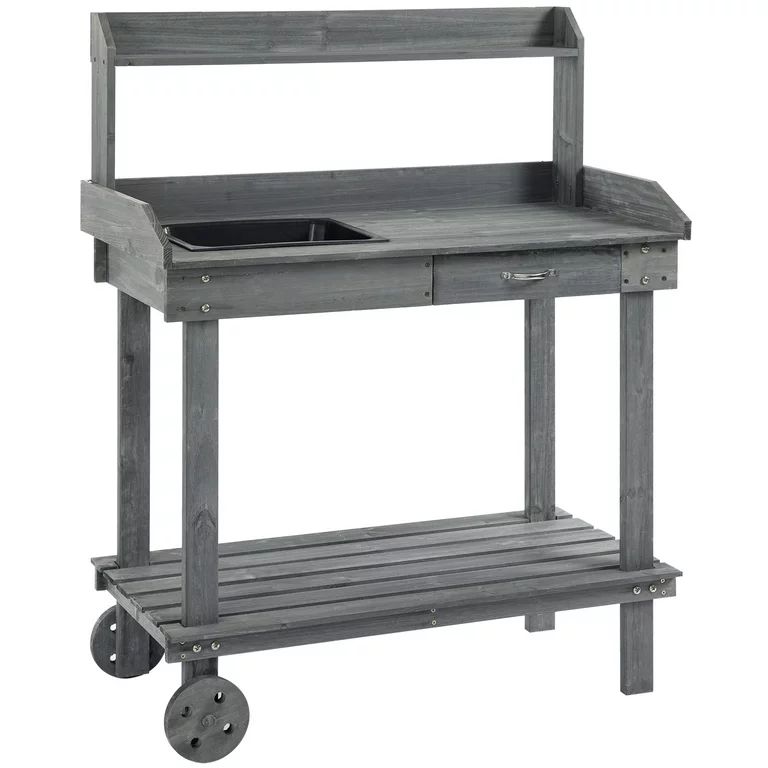 Outsunny 36" x 18" x 47'' Wood Potting Bench Work Table w/ 2 Wheels, Grey | Walmart (US)