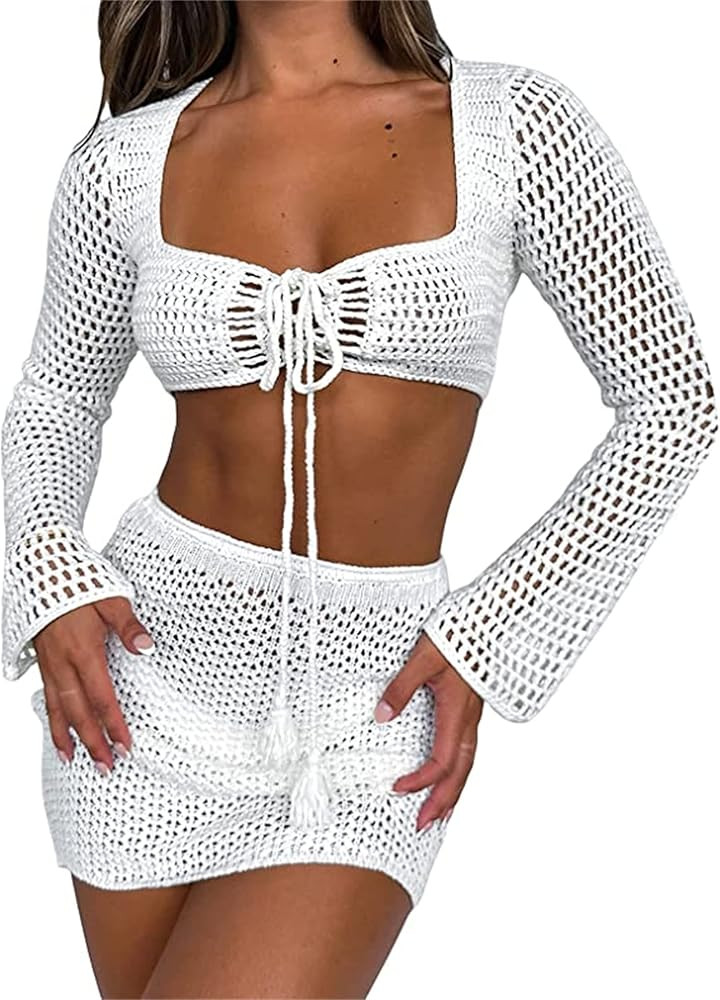 Women Hollow Out 2 Piece Skirt Set Crochet Bikini Cover Up Swimsuit and Knit See Through Skirts O... | Amazon (US)