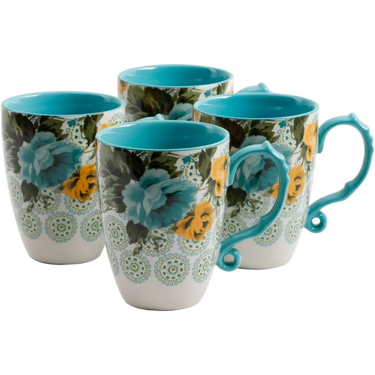 The Pioneer Woman Rose Shadow Turquoise 4-Piece 26-Ounce Stoneware Latte Mug Set | Walmart (US)