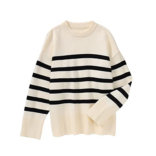 BOUTIKOME Women's Striped Sweater Black and White Striped Sweater Side Slit Knit Long Sleeve Crewneck Pullover Loose Top(Creamy-white,M) | Amazon (US)