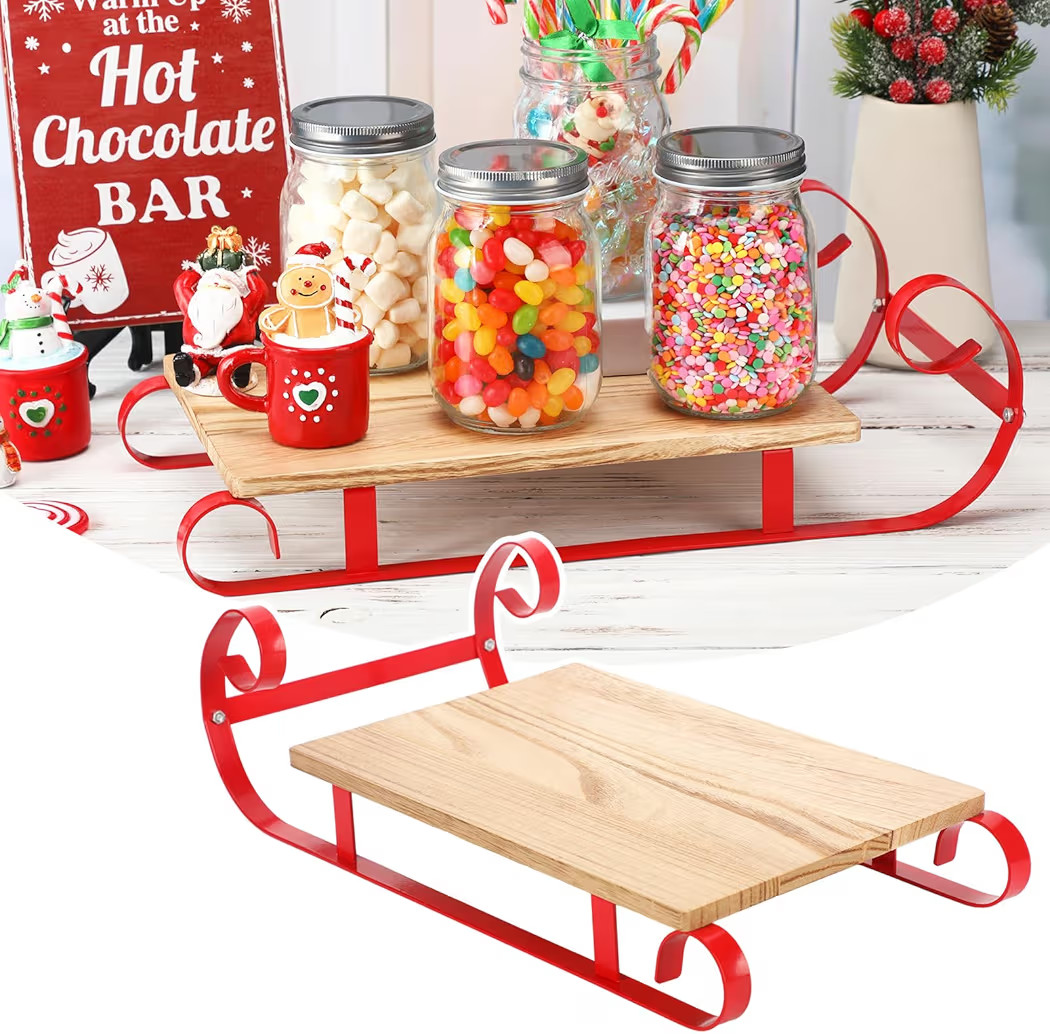 Christmas Sleigh Hot Chocolate Bar Decor Red Christmas Hot Cocoa Wood Tray Holder Box Decorative ... | Amazon (US)