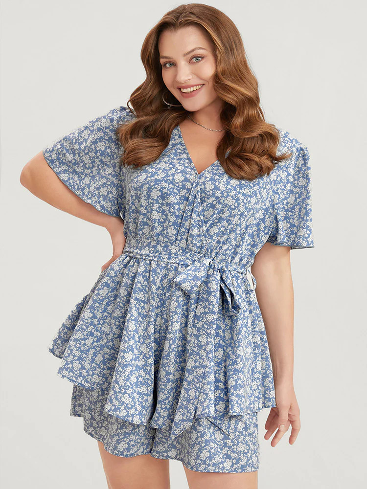 Ditsy Floral Wrap Pocket Belted Ruffles Jumpsuit | Bloomchic