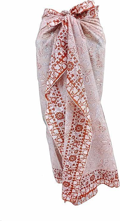Cotton Sarong Hand Block Print Womens Swimsuit Wrap Cover Up Long (73" x 44") Red-3 | Amazon (US)