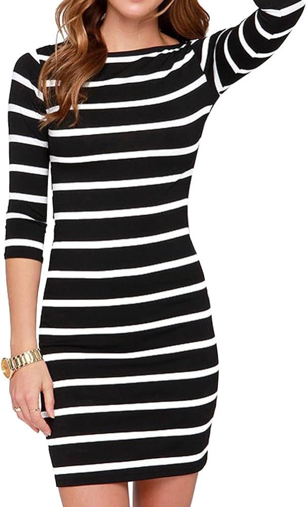 Haola Women's Sexy Casual Long Sleeve Short Dress Mini Dress Stripe Dresses | Amazon (US)