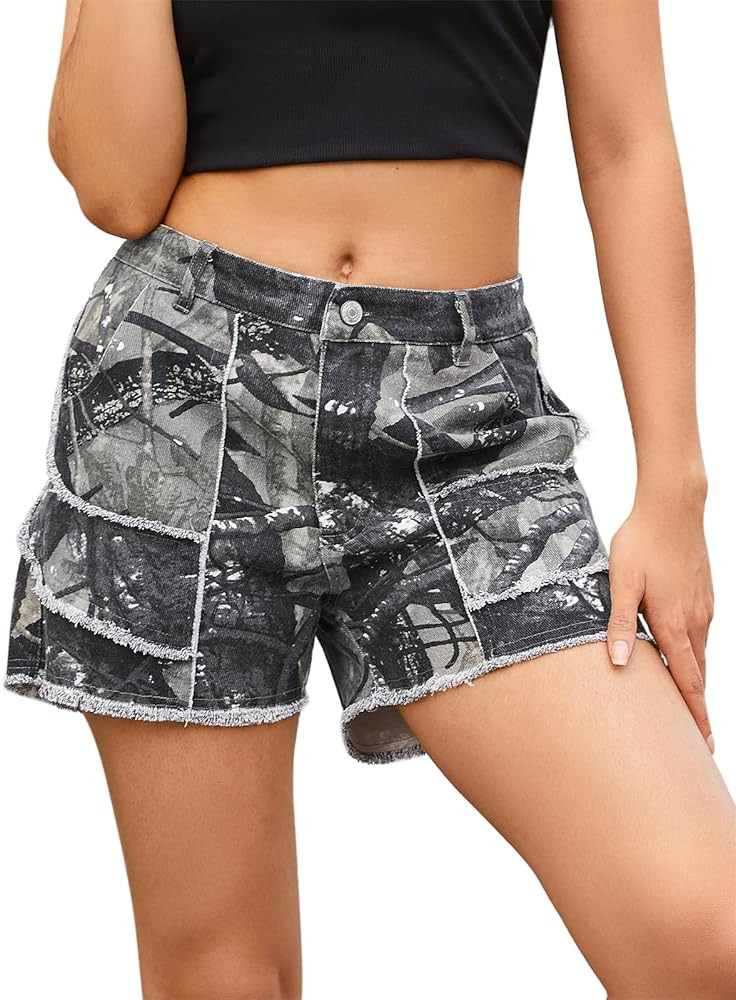 KGYA Women's High Waist Camo Cargo Shorts, 5 Inch Inseam Distressed Bermuda Casual Lounge Denim S... | Amazon (US)
