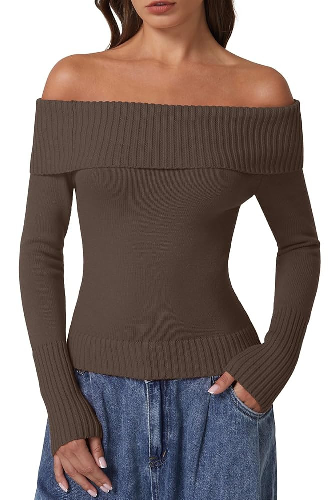 QINSEN Cotton Off The Shoulder Sweater for Women Long Sleeve Ribbed Knit Pullover Sweater Slim Fi... | Amazon (US)