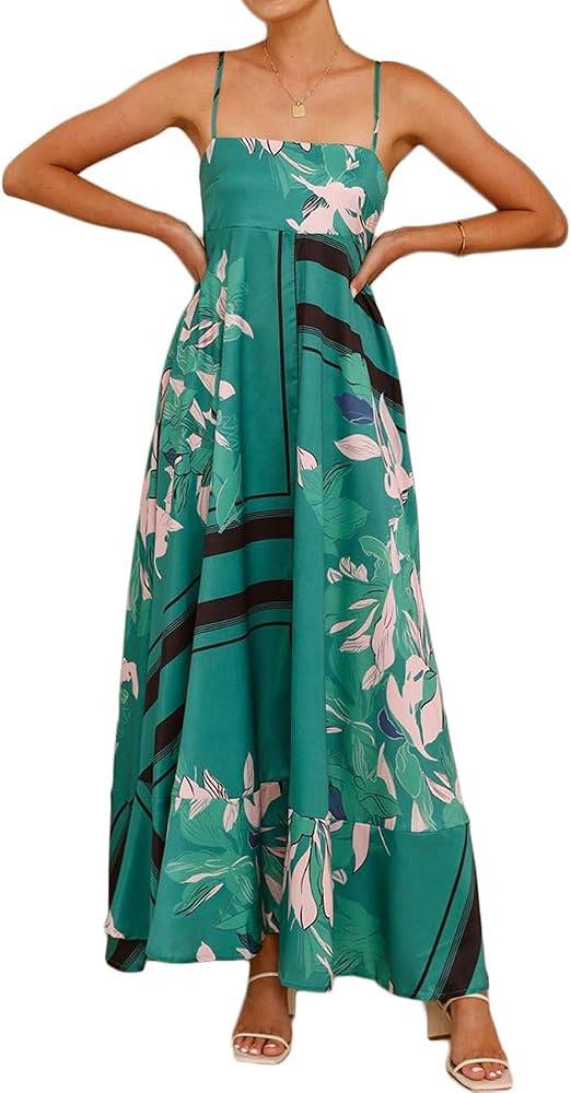 Women Summer Beach Boho Spaghetti Strap Smocked Floral Maxi Dress Casual Loose Flowy A Line Print Long Dress | Amazon (US)