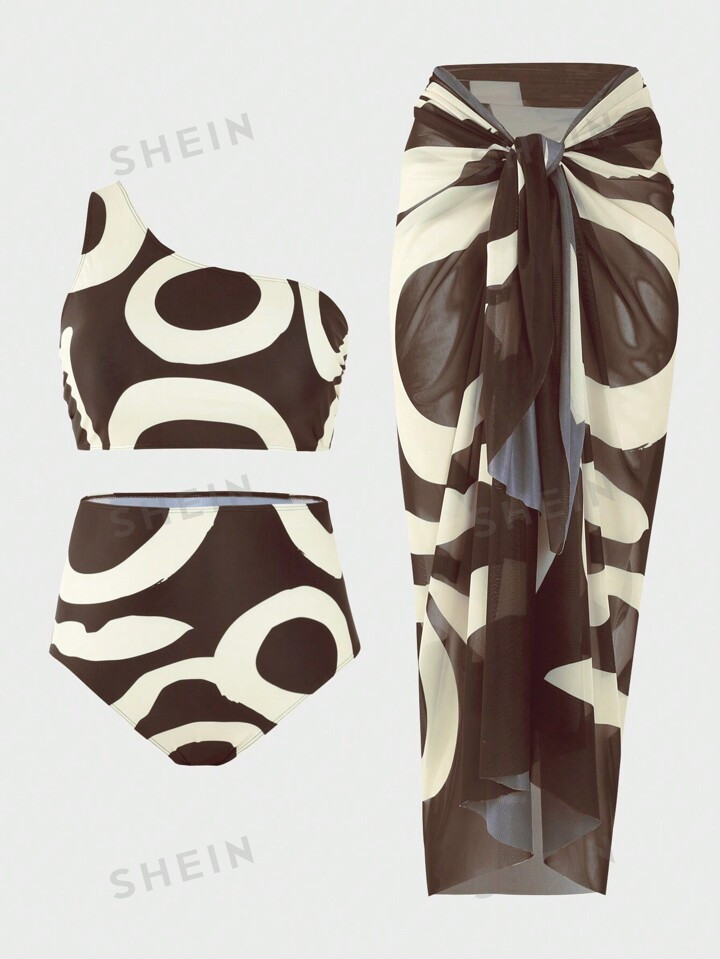 SHEIN Swim Vcay Plus Size Women's Geometric Print Swimsuit 3-Piece Set Music Festival | SHEIN