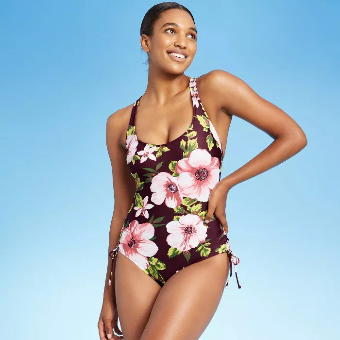 Women's Side-Cinch Classic One Piece Swimsuit - Kona Sol™ Burgundy Floral Print | Target