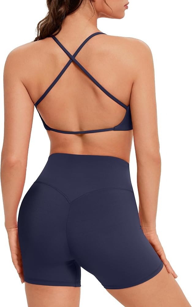 OMKAGI Workout Sets for Women Open Back Strappy Sports Bra Booty Biker Shorts Gym Outfits | Amazon (US)