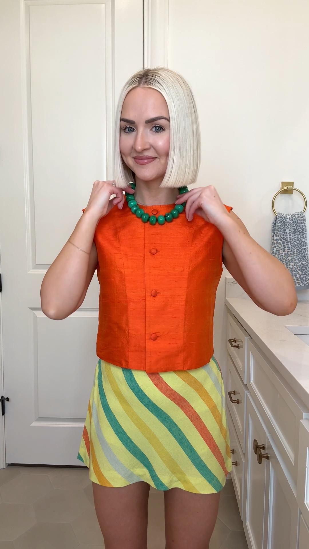 Colorful summer outfit ideas / multicolor stripe skort / beaded necklace 
Skort: XS (this color is TTS with good length to me) 

#LTKSeasonal #LTKgrwm #LTKPetite