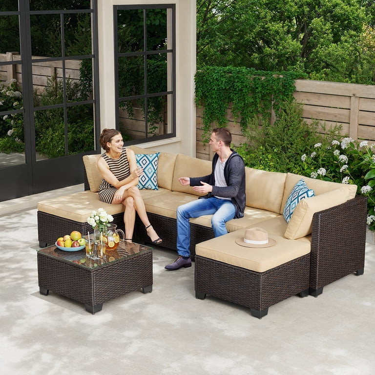 Juego de Sof\u00e1 Seccional para Patio Exterior de 6 Piezas con Mesa de Centro - Juego de Conver... | Walmart (US)