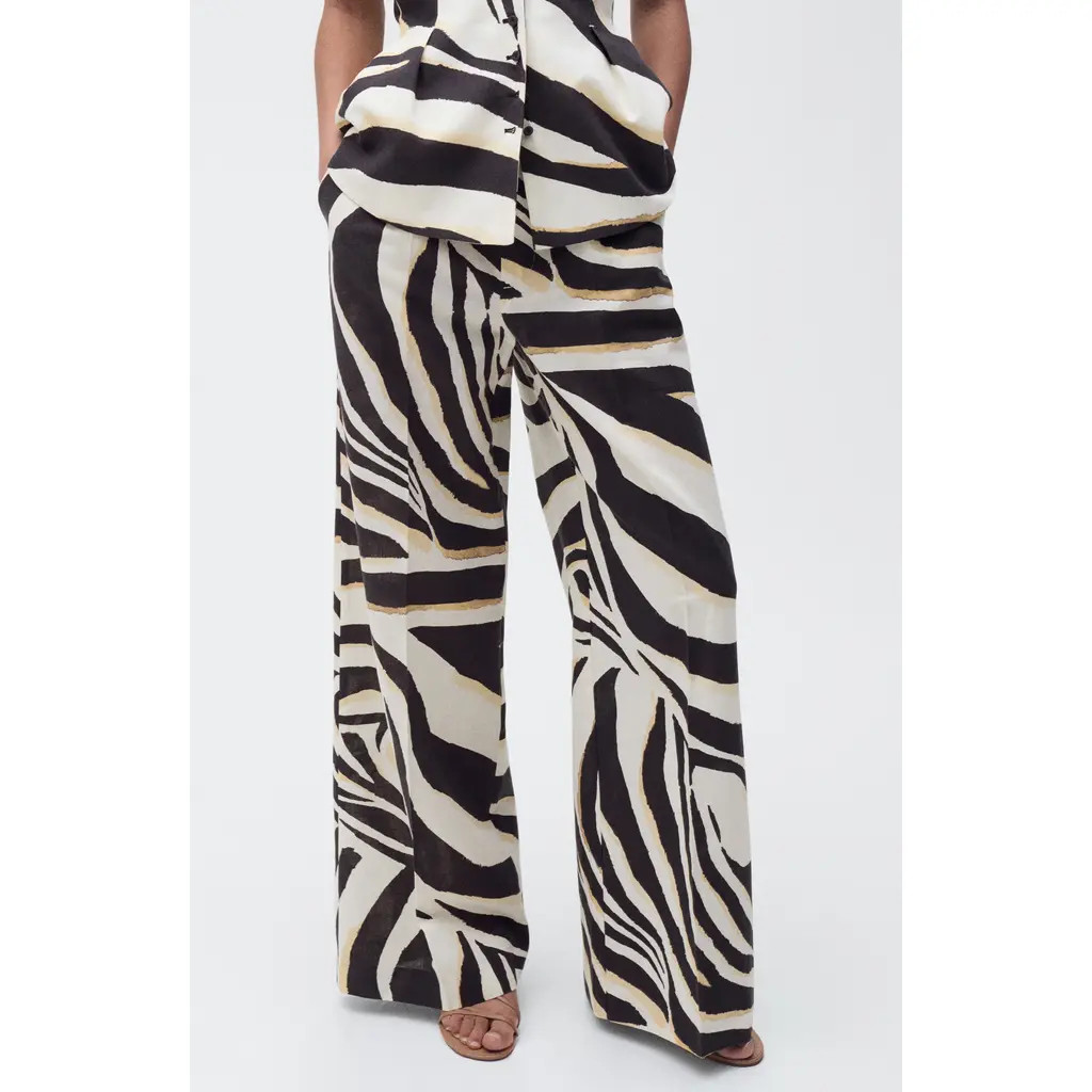 MANGO Zebra Linen & Cotton Wide Leg Pants in Beige at Nordstrom, Size 4 | Nordstrom